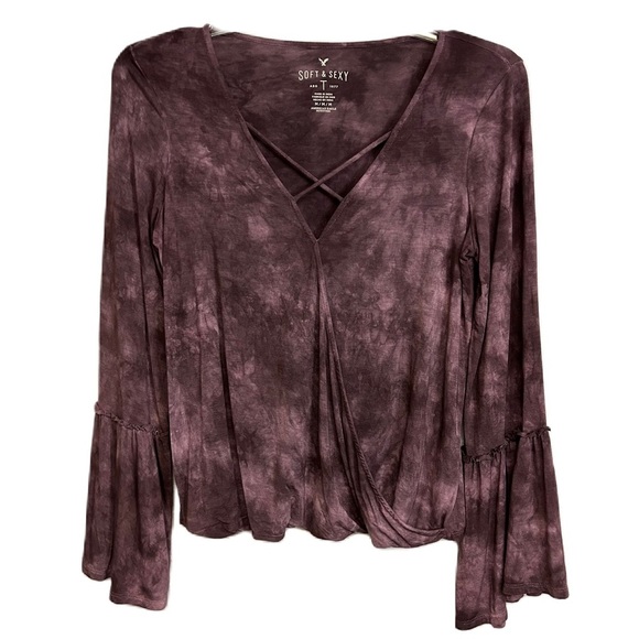 American Eagle Outfitters Tops - American Eagle Soft & Sexy Top Size M Bell Sleeve Faux Wrap Purple Tie D…